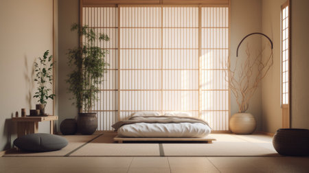 Bedroom decor, home interior design . Japanese Zen style with Tatami Mat decorated with Bamboo and Paper material . Generative AI AIG26.の素材