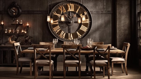 Interior design inspiration of Industrial Rustic style home dining room loveliness decorated with Metal and Wood material and Edison Bulb Pendant Light .Generative AI home interior design .の素材