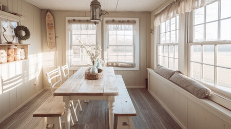 Interior design inspiration of Farmhouse Cottage style home dining room loveliness decorated with Shiplap and Burlap material and Window seat .Generative AI home interior design .の素材