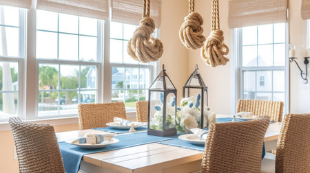 Interior design inspiration of Coastal Nautical style home dining room loveliness decorated with Wood and Rattan material and Rope Accents .Generative AI home interior design .の素材