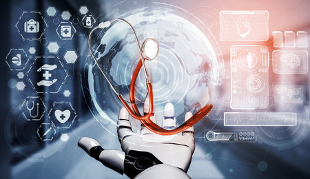 3D rendering medical artificial intelligence robot working in future hospital. Futuristic prosthetic...