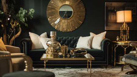 Bedroom decor, home interior design . Art Deco Glam style with Ornate Chandelier decorated with Brass and Velvet material . Generative AI AIG26.の素材