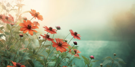 Beautiful abstract red and green misty morning photo floral design background banner. beautiful Generative AI AIG32の素材