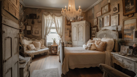 Bedroom decor, home interior design . Artisanal Shabby Chic style with Gallery Wall decorated with Wood and Burlap material . Generative AI AIG26.の素材
