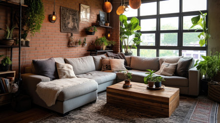 Living room decor, home interior design . Industrial Bohemian style with Gallery Wall decorated with Concrete and Metal material . Generative AI AIG26.の素材