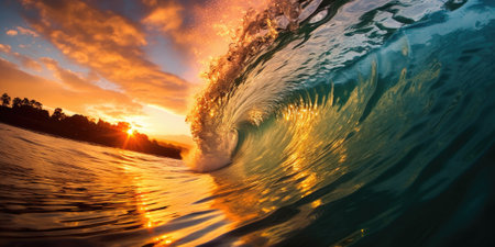 Beautiful wave in the ocean and colorful sky with sun reflecting off of the wave. Generative AI AIG27.の素材