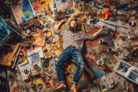 A top view of an overworked young Scandinavian male artist lying on the floor that is full of artwork equipments in an art studio. Generative AI image AIG30.の素材