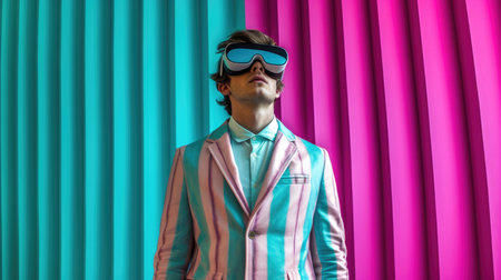 Young male model wearing VR posing with trendy fashion outfit and colorful pastel optical art abstract background. Picturesque generative AIの素材