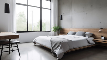 Bedroom decor, home interior design . Minimalist Scandinavian style with Large Window decorated with Concrete and Wood material . Generative AI AIG26.の素材