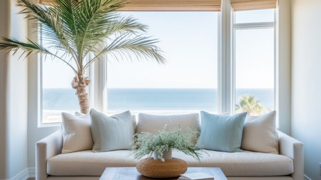 Living room decor, home interior design . Coastal Minimalist style with Large Window with Ocean View decorated with Wood and Glass material . Generative AI AIG26.の素材