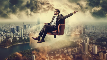 Businessman with rocket taking off as concept of business startup with sky and city background. Picturesque generative AIの素材