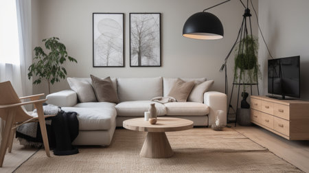 Living room decor, home interior design . Scandinavian Minimalist style with Large artwork decorated with Wood and Metal material . Generative AI AIG26.の素材