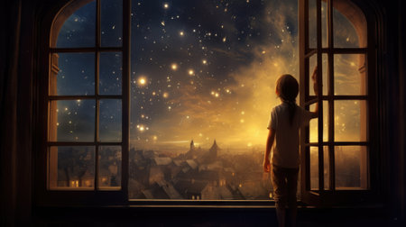 A happy little girl standing at a large window and looking at stars in the sky with dreamy and imaginative. beautiful Generative AI AIG32の素材