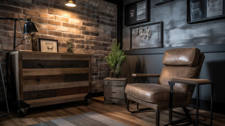 Bedroom decor, home interior design . Industrial Rustic style with Lighting Fixture decorated with Metal and Wood material . Generative AI AIG26.の素材