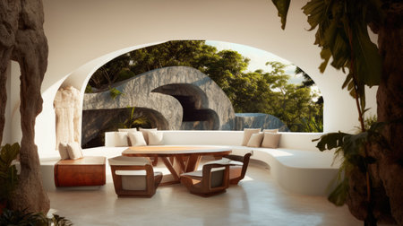 The design of outdoor gathering area with sofa, chairs, and chunky marble table in natural view. Generative AI AIG27.の素材