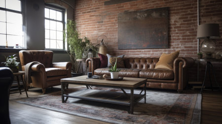 Living room decor, home interior design . Industrial Rustic style with Exposed Brick Wall decorated with Metal and Wood material . Generative AI AIG26.の素材