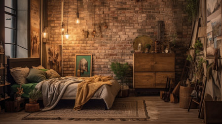 Bedroom decor, home interior design . Industrial Bohemian style with Wall decor decorated with Brick and Wicker material . Generative AI AIG26.の素材