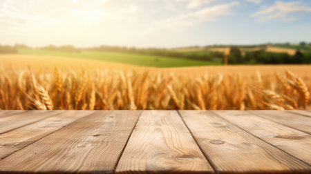 The empty wooden table top with blur background of wheat farm. Exuberant image.の写真素材