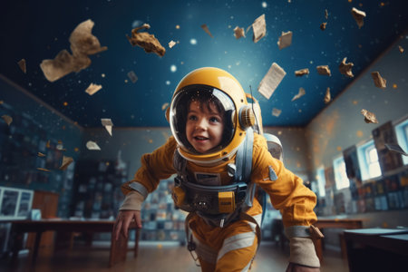 kid in spacesuit helmet floating through school. beautiful Generative AI AIG32の素材