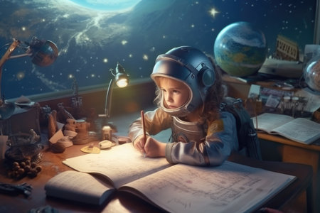 kid in spacesuit helmet sitting at study desk, studying astrology, above clouds. beautiful Generative AI AIG32の素材