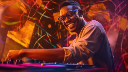 candid an excited DJ young african man mixing music at turntables with headphones. beautiful Generative AI AIG32の素材