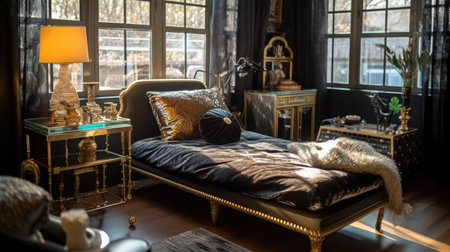 Bedroom decor, home interior design . Art Deco Glam style with Chaise Lounge decorated with Metal and Velvet material . Generative AI AIG26.の素材