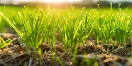 Springtime wheat field with fresh, green sprouts in soft focus. beautiful Generative AI AIG32の素材