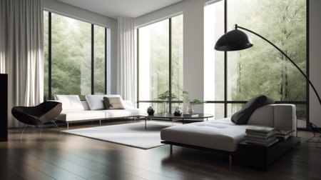 Living room decor, home interior design . Modern Minimalist style with Large Window decorated with Glass and Metal material . Generative AI AIG26.の素材