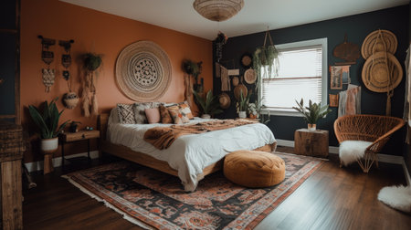 Bedroom decor, home interior design . Bohemian Mid-century style with Gallery Wall decorated with Rattan and Velvet material . Generative AI AIG26.の素材