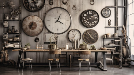 Interior design inspiration of Industrial Eclectic style home dining room loveliness decorated with Steel and Glass material and Wall Art .Generative AI home interior design .の素材