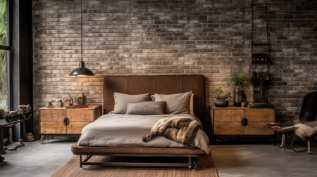 Bedroom decor, home interior design . Industrial Rustic style with Exposed Brick Wall decorated with Metal and Wood material . Generative AI AIG26.の素材