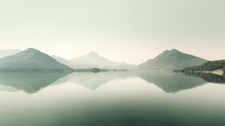Beautiful mountain lake and natural environment in the morning background. Tranquil panoramic mountainous and nature lake shore scenery. Picturesque generative AIの素材