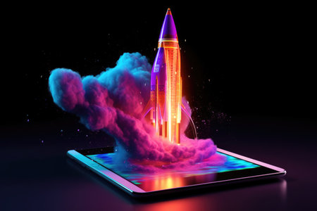 Rocket coming out of tablet screen , neon light. beautiful Generative AI AIG32の素材