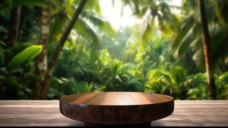The empty rustic wooden table for product display with blur background of tropical jungle. Generative AI image AIG30.の素材