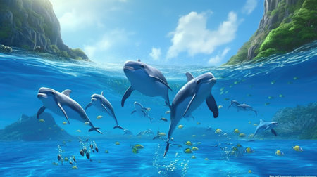 A thrilling confrontation between a team of heroic dolphins and a gang of treacherous sharks under the crystal-clear waters of a tropical reef with other fishes. Generative AI AIG27.の素材