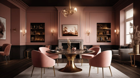 Interior design inspiration of Mid-century Glamorous style home dining room loveliness decorated with Leather and Velvet material and Fireplace .Generative AI home interior design .の素材