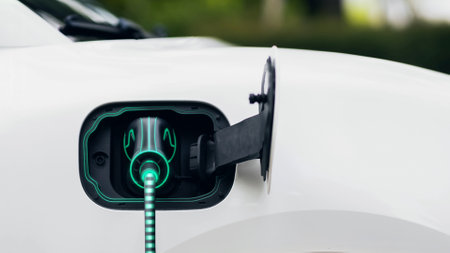 Front view EV charger plugged into electric car for electric recharging from electric charging...