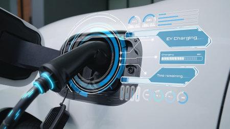 EV charger from home charging station plugged in and recharging electric car displaying digital...