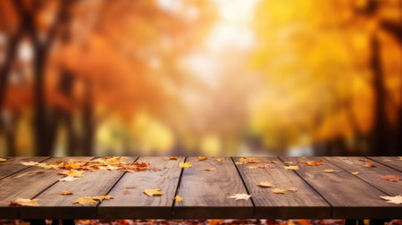 The empty wooden table top with blur background of autumn. Generative AI image AIG30.の素材