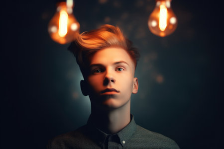 bright light bulb floating above of young scandinavian mans head. beautiful Generative AI AIG32の素材