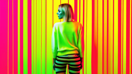 Young female model posing with trendy fashion outfit and colorful glowing vibrant green lime and pink optical art abstract background. Picturesque generative AIの素材