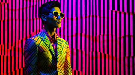 Young male model posing with trendy man fashion outfit and colorful vibrant glowing green and pink optical art abstract background. Picturesque generative AIの素材