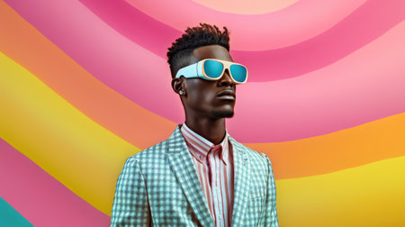 Young male model posing with trendy man fashion outfit and colorful pastel mood optical art abstract background. Picturesque generative AIの素材