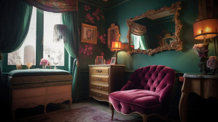 Bedroom decor, home interior design . Art Nouveau Vintage style with Mirror decorated with Glass and Velvet material . Generative AI AIG26.の素材