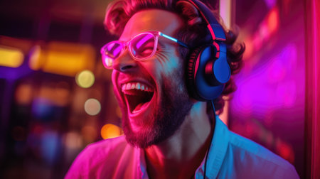 candid shot of an excited young scandinavian man party with headphones. beautiful Generative AI AIG32の素材