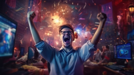 Professional eSports gamer rejoices celebration in the victory game room background. beautiful Generative AI AIG32の素材