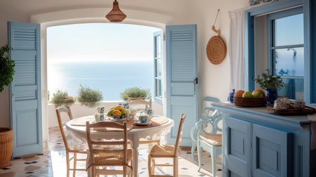Interior design inspiration of Mediterranean Coastal style home dining room loveliness decorated with Wood and Rattan material and Sea View .Generative AI home interior design .の素材
