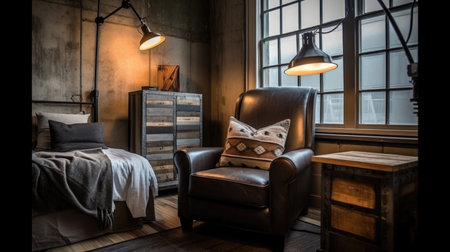 Bedroom decor, home interior design . Industrial Rustic style with Lighting Fixture decorated with Metal and Wood material . Generative AI AIG26.の素材