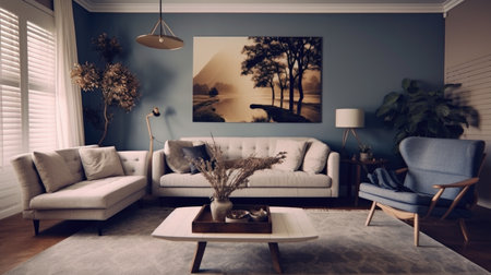 Stylish modern living room interior design with dark blue wall and a carpet on the wooden floor. Generative AI AIG27.の素材