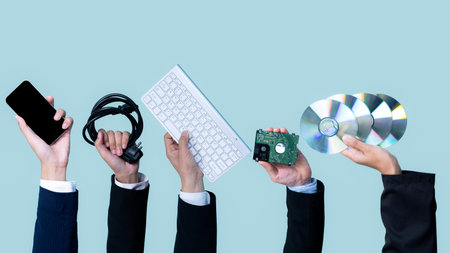 Panoramic banner hand holding electronic waste on isolated background. Eco-business recycle waste policy in corporate responsibility. Reuse, reduce and recycle for sustainability environment. Quaintの写真素材